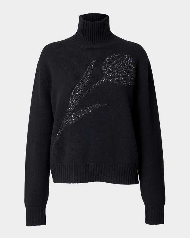 Turtleneck Paillette Rose Wool-Cashmere Sweat